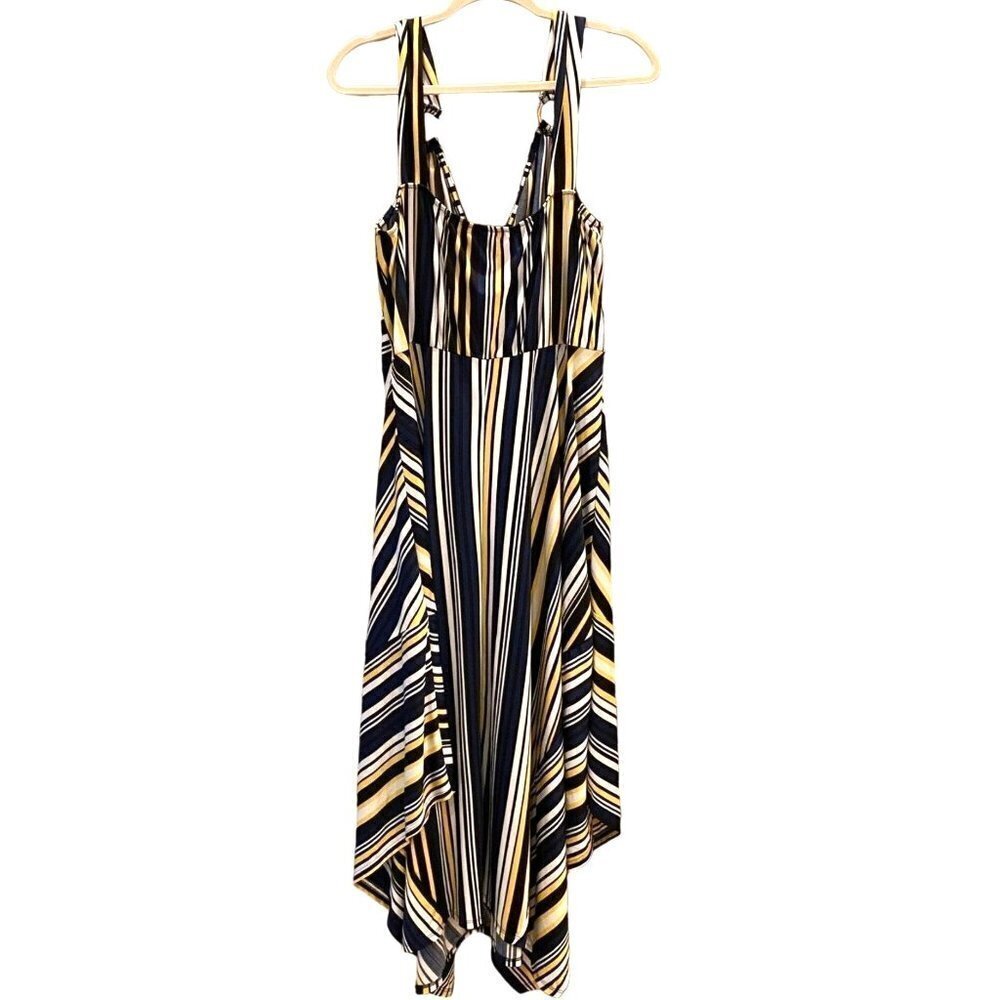 WRAPPER Women's Maxi Dress, Size 1X, Colors Navy Blue/Yellow/White Striped Desig